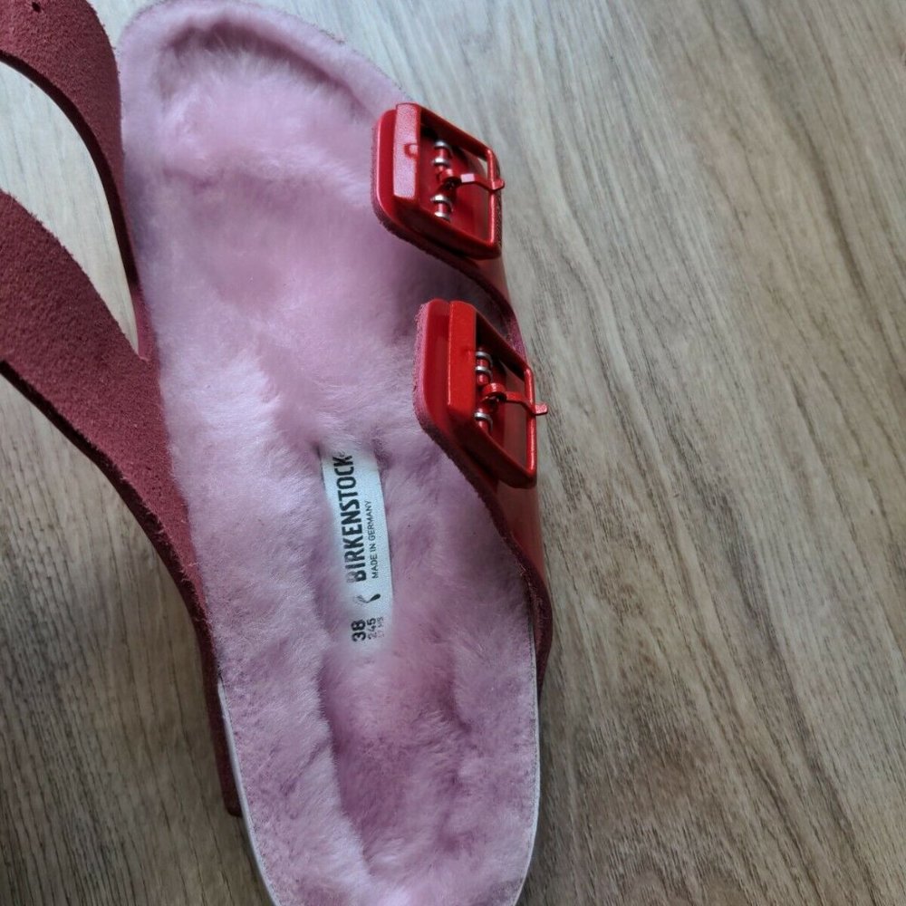 Birkenstock Dark Pink-Red Arizona Sandals with Light Pink Shearling Footbed - Picture 10 of 14